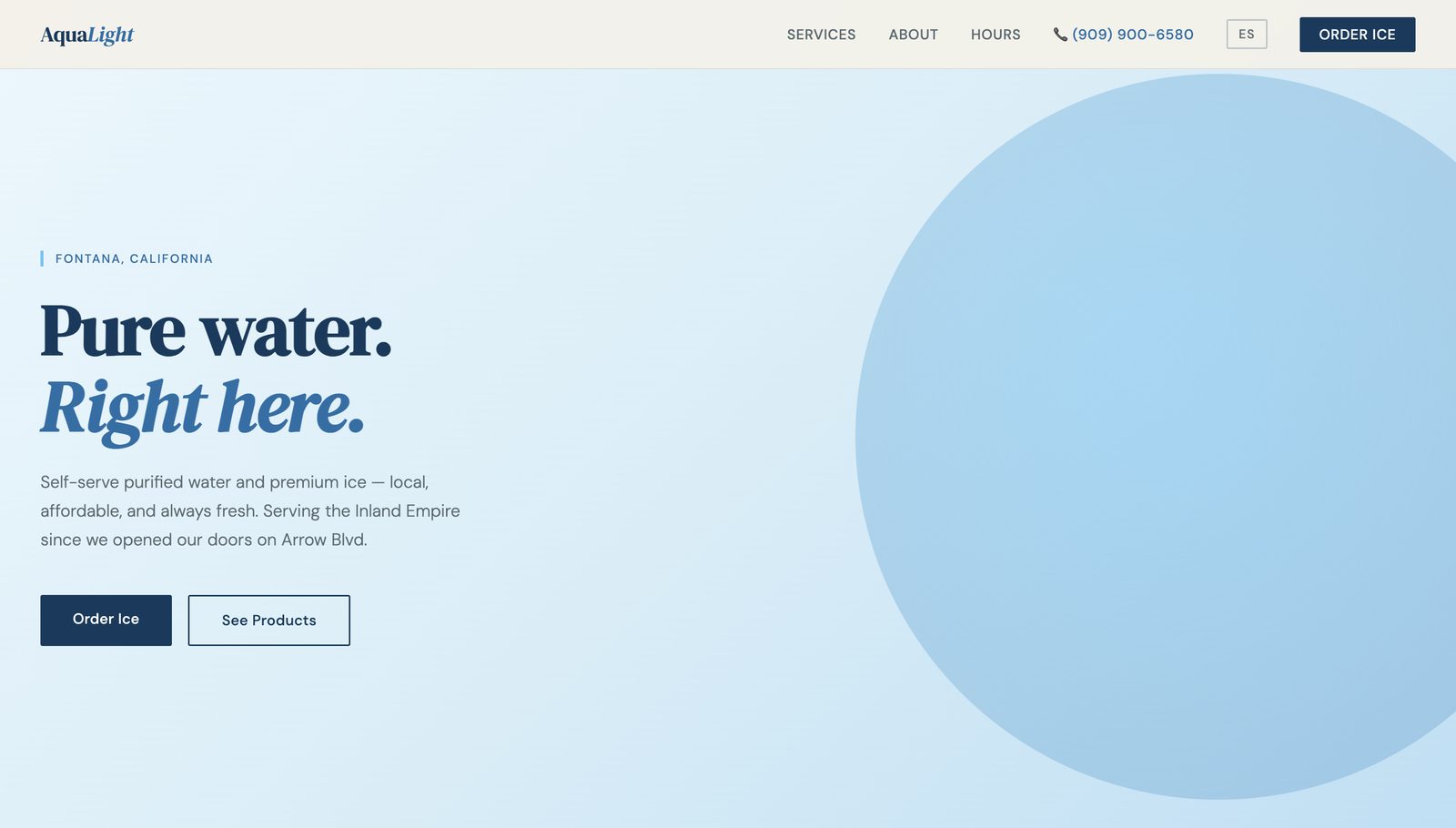 AquaLight Water website on desktop