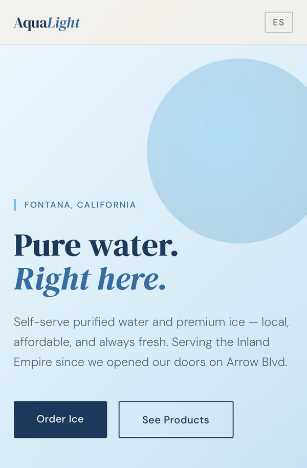 AquaLight Water website on a phone